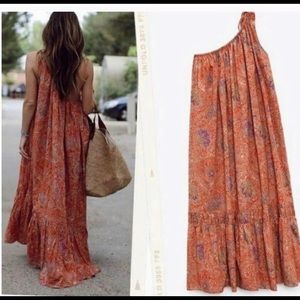 Zara Orange one shoulder Asymmetric Maxi Dress Size L